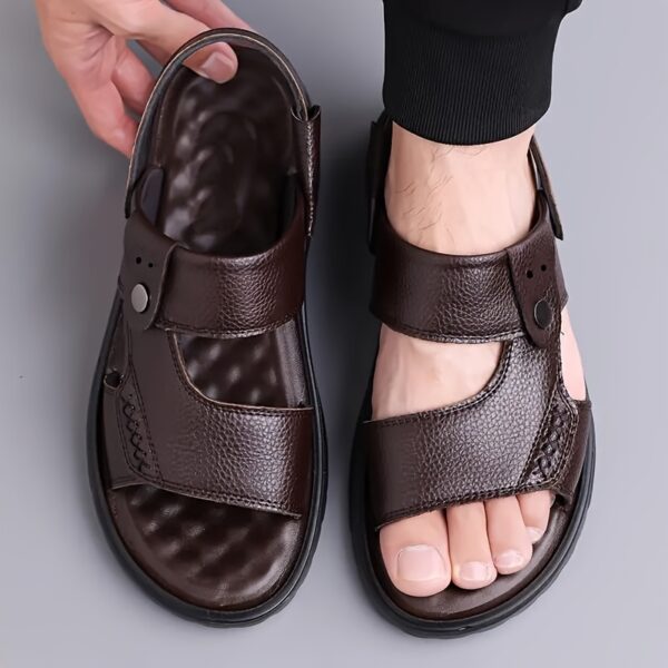 Men's Genuine Leather Sandals - Slip-On Open-Toe Beach Shoes with Non-Slip PU Sole, Brown Casual Summer Footwear for Pool, Vacation, Everyday - Durable & Easy-Clean Mens Sandals, Vacation Footwear, Sleek Strap Design, Breathable Material, Poolside Footwear, Minimalist Design, Outdoor Enthusiasts - Image 2