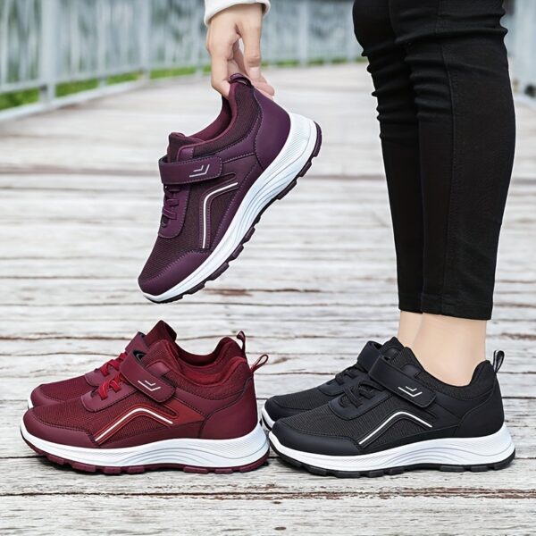 Women's Breathable Mesh Sneakers - Maroon Low-Top Casual Sneakers with Adjustable Hook-and-loop Fastener Strap & Laces, Comfortable Fabric Insole, All-Season Round Toe Design, Breathable Footwear | Stylish Mesh Sneakers | Adjustable Strap Sneakers - Image 6