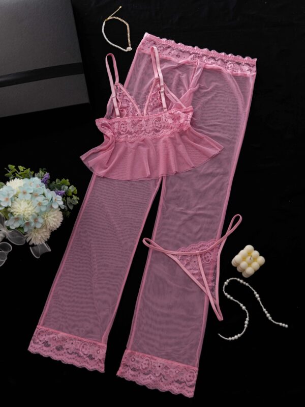 3pcs Lace Mesh Lingerie Set for Women - Sexy Pink Hollow-Out Sheer Sleepwear with Contrast Lace Trim, Knit Fabric, Solid Color, Adult Intimate Apparel - Image 2