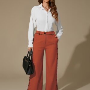 DIQIUVY Women'S Elegant All-Season Solid Color Wide Leg Pants, Polyester 95% Elastane 5% Blend, Regular Fit with Side Slit and Button Detail, Mature Zipper Fly Long Trousers for Office Wear