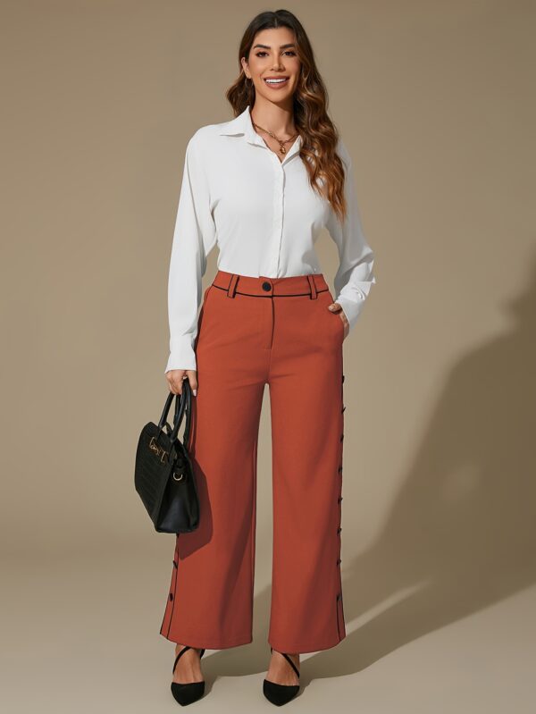 DIQIUVY Women'S Elegant All-Season Solid Color Wide Leg Pants, Polyester 95% Elastane 5% Blend, Regular Fit with Side Slit and Button Detail, Mature Zipper Fly Long Trousers for Office Wear