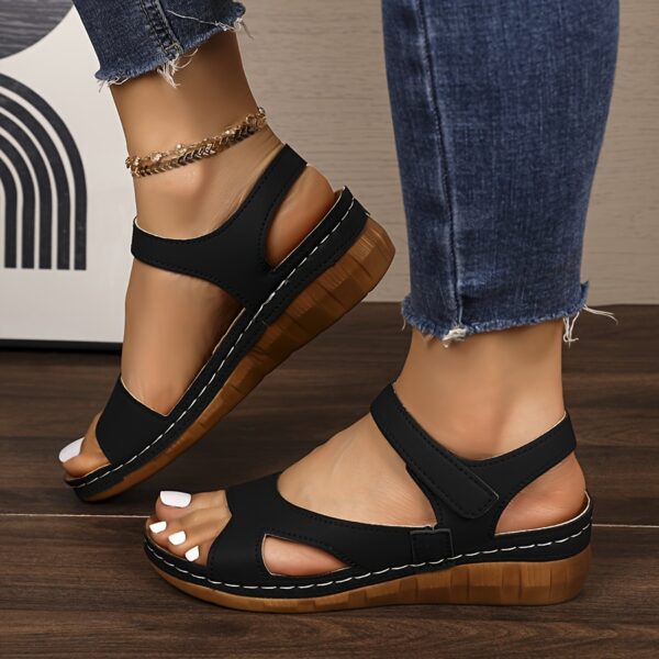 Women's White Casual Summer Sandals - Open-Toe Comfortable Beach Shoes with Adjustable Hook-and-Loop Strap, Thick Cushioned Wedge Heel & PU Cover for Casual Outings, Shopping, or Seaside Strolls, Strappy Sandals, Open Toe Design, Durable Footwear - Image 5