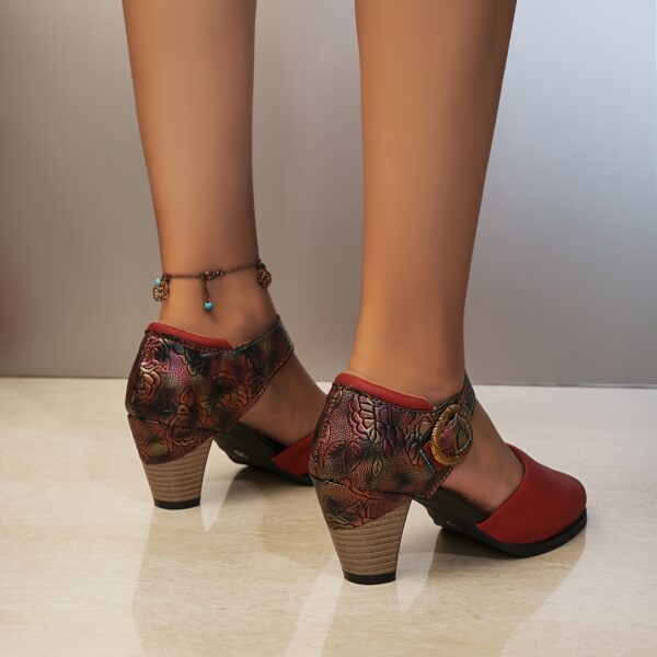 Women'S Retro Print Fashion Comfortable Elegant High Heel Round Toe Buckle Fashion Shoes - Image 5