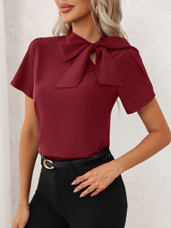 Elegant Women'S Bow Tie Bell Sleeve Blouse - Solid Color Tie-Front Shirt with Flared Cuffs, Versatile Casual to Dressy Top for Spring Summer Fall, Seasonal Fashion, Quality Fabric Shirt - Image 13