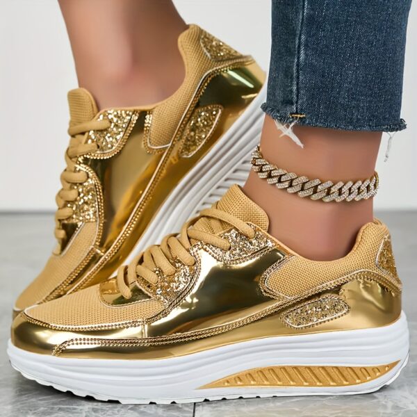 Stylish Women's Casual Sneakers with Golden Glitter Accents - Lightweight Synthetic Leather Platform Running Shoes for All Seasons, Comfortable Fabric Lining, Perfect for Casual Attire and Light Exercise