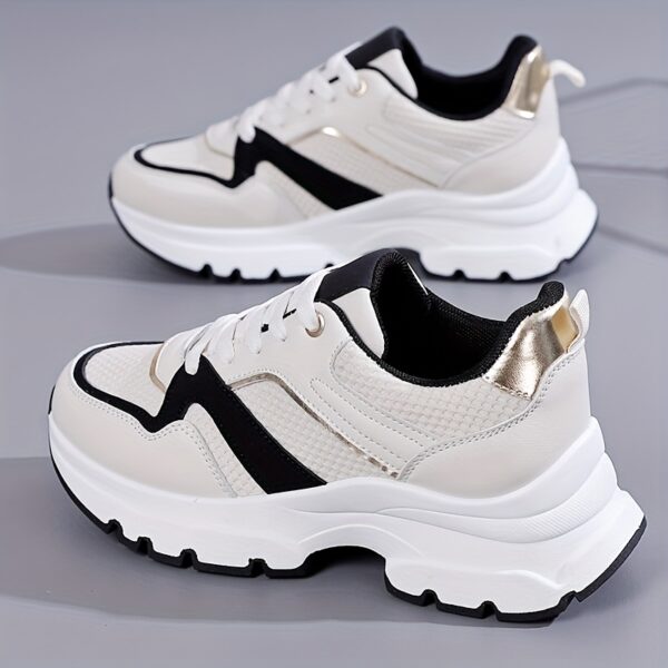 Women'S Fashion Sneakers, Lightweight Running Shoes with Thick Sole, Breathable Mesh Casual Lace-up Outdoor Athletic Shoes, Solid Color All-Season Footwear, Fabric Upper, TPU Sole - Image 3