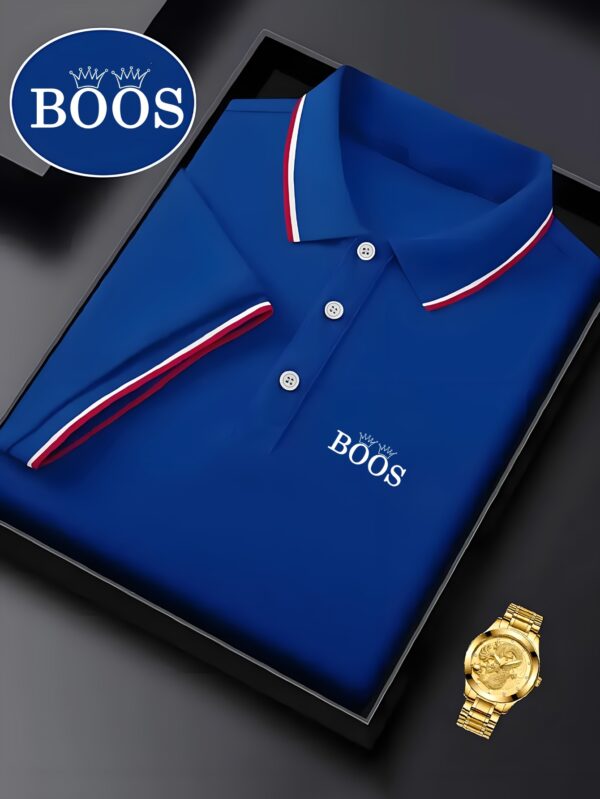 BOOS Men's Classic Shirt - Breathable Summer Short Sleeve, Navy Blue with Red & White Striped Collar, Casual Business & Tennis Training, High-End Polyester Fabric, Button-Up Design - Image 5