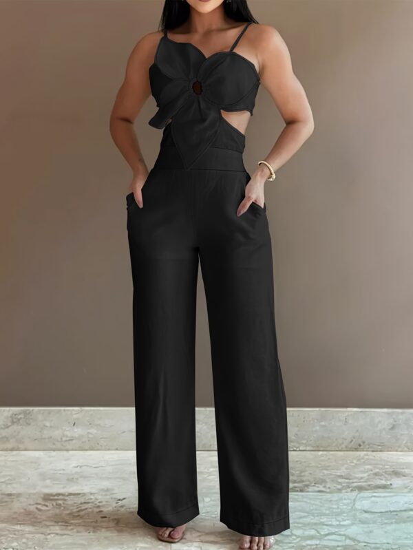 Women's Mint Green Casual Jumpsuit - Thin Strap Top & Wide-Leg Pants with Bow Detail, Solid Color Non-Stretch Fabric, Machine Washable All-Season Outfit, Summer Fashion, Sophisticated Design, Casual Attire, Lightweight Fabric, Stylish Romper, Fashion Lovers - Image 2