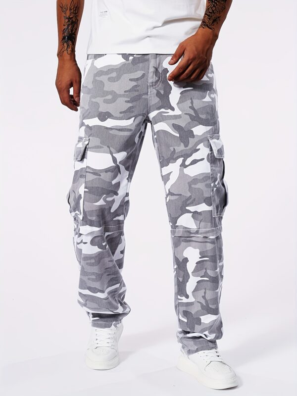 Men'S Casual Denim Cargo Pants, 100% Cotton, All-Season Regular Fit, Non-Stretch Washed Fabric, 360g/m², Solid Color Camouflage Design, Woven Regular Length Trousers