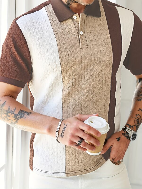 Men's Summer Shirt - Short Sleeve Geometric Pattern Button-Up Collar, Contrast Color Block Design, Breathable Knit Fabric, Machine Washable Casual Top for Office & Leisure, Relaxed Fit Apparel, Easycare Clothing - Image 3