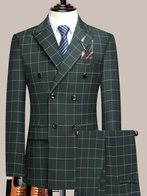 Latest Men's Suit: Checkered Double-Breasted Slim Fit Business Casual Two-Piece Set with Notch Lapel, Striped Design, Four-Button Style, Necklace Decoration for Spring/Autumn/Winter - Image 4
