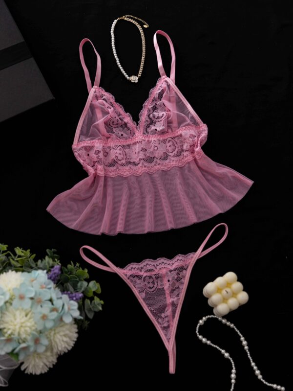 3pcs Lace Mesh Lingerie Set for Women - Sexy Pink Hollow-Out Sheer Sleepwear with Contrast Lace Trim, Knit Fabric, Solid Color, Adult Intimate Apparel - Image 4