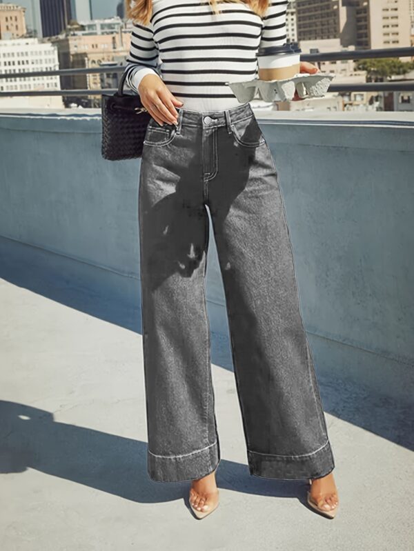 Women'S High Stretch Denim Wide Leg Jeans - Elegant Blue Washed Straight Leg, Mid Rise Comfort Trousers with Button Fly, Soft Breathable Fabric, Versatile Casual & Mature Style, Straight Leg Cut, Long Length Jeans | Classic Blue | High Elasticity Fabri - Image 17