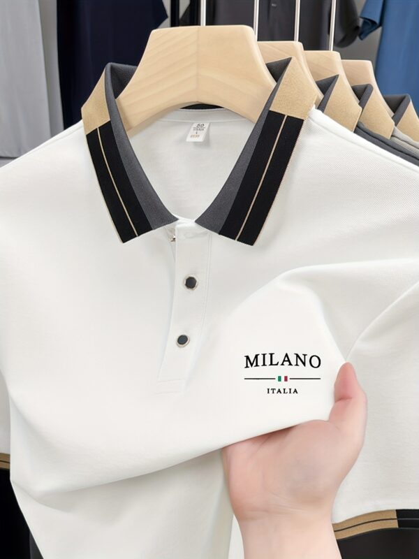 Men'S Lightweight Soft Polo Shirt with "MILANO ITALIA" Letter Print - Breathable Summer Casual & Business Wear, Regular Fit, Button-Up Collar, Perfect for Vacation & Everyday Use, Vacation Clothing, Stylish Contrast Design, Soft Fabric Shirt - Image 5