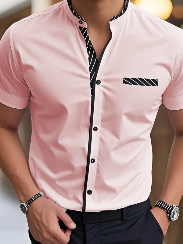 Men's Light Blue Casual Short Sleeve Shirt with Black Contrast Collar & Cuffs - Stand-Up Collar, Machine-Washable Fabric, Regular Fit for Summer, Office, Commute & Streetwear, Classic Buttonup Design, Nontransparent Material - Image 4