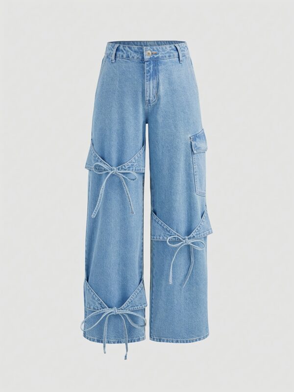 Women'S Casual Straight-Leg Denim Jeans with Adjustable Bow Tie Waist, Loose Fit Wide-Leg Pants, Non-Stretch Fabric, Spring/Fall Season, Casual Wear Jeans | Relaxed Fit Jeans | Nonstretch Fabric - Image 5
