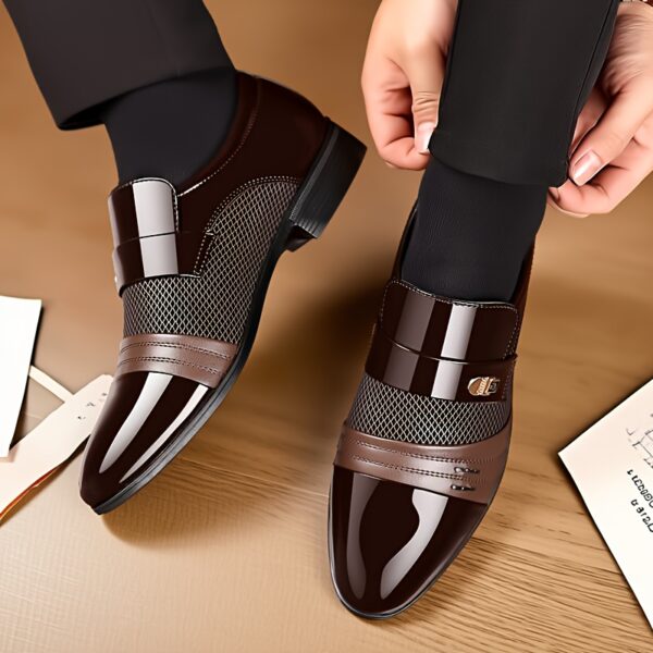 Men's Classic Slip-On Loafers - Glossy Brown Dress Shoes, Comfortable Low-Top Design with Cushioned Insole & Non-Slip Rubber Sole for Office, Wedding, Casual Wear, Shoes for Wedding - Image 2