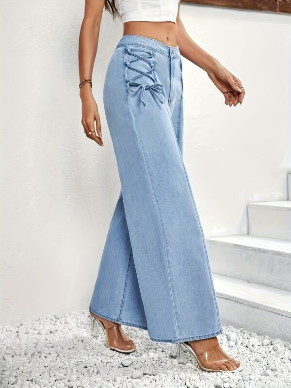 Women'S High-Waist Wide-Leg Jeans with Front Tie-Up Detail - Stretch Denim, Light Blue, Casual Style, Perfect for All Seasons, Comfortable Fashion|Casual Style Jeans|Front Tie Detail - Image 7