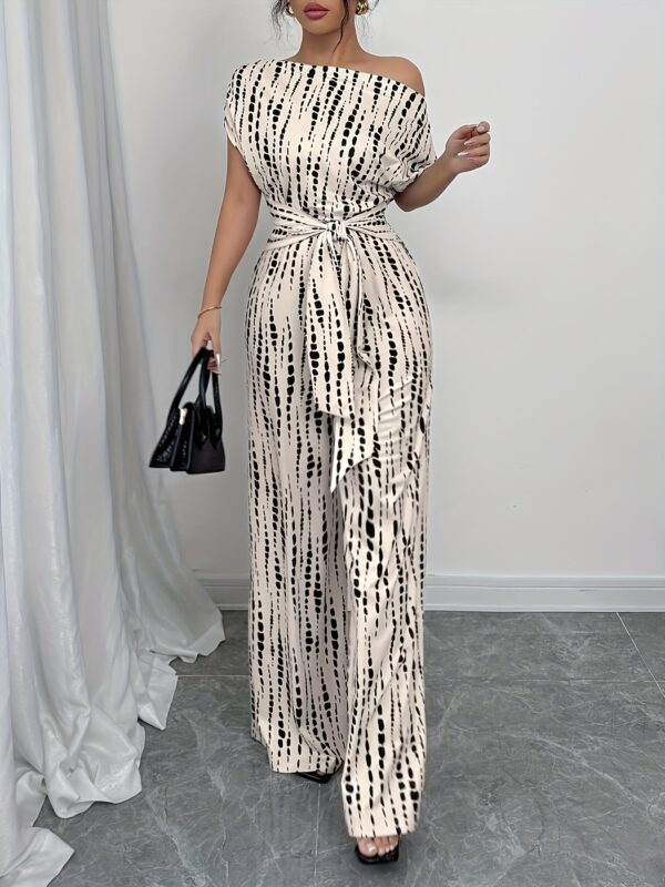 Women'S Bohemian Print Off-Shoulder Jumpsuit with Tie Waist - Elegant Polyester, All-Season, Casual to Formal Attire, Casual Attire|Bohemian Style|Polyester Fabric - Image 3