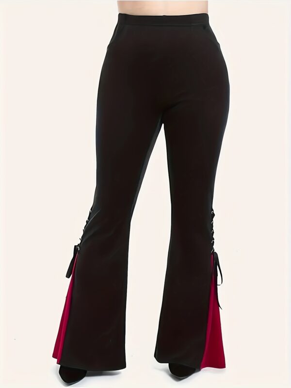Color Block Flare Leg Pants, Elegant Skinny Tie Side High Waist Pants For Spring & Fall, Women's Clothing - Image 3