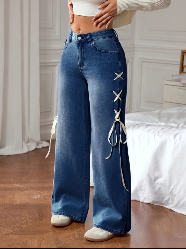 High-Waisted Wide-Leg Denim Jeans for Women, Distressed Loose Straight Casual Pants - Image 16