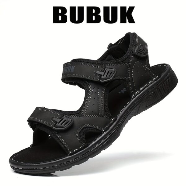 Men's Summer Sandals with Thick Sole, Breathable Head Layer Cowhide, Hook & Loop Closure, Lightweight Fabric Liner, PU Sole & Insole, Solid Color Casual Beach Shoes for Outdoor Activities - Image 2