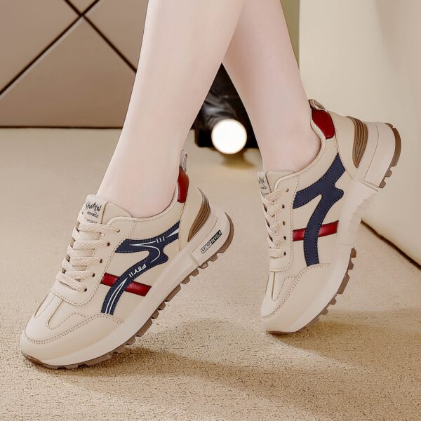 Women's Lightweight Running Sneakers - Casual Low-Top Lace-Up Shoes with Soft Non-Slip Rubber Sole, Beige with Blue & Red Stripes, Lightweight & Comfortable for All-Day Wear