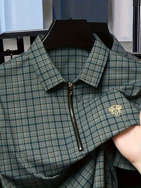 Men's Summer Casual Shirt - Dual-Sided Digital Plaid Print, Stretch Fabric & Golden Zipper Accents, Breathable Short Sleeve H-Fit for Outdoor Activities - Image 2