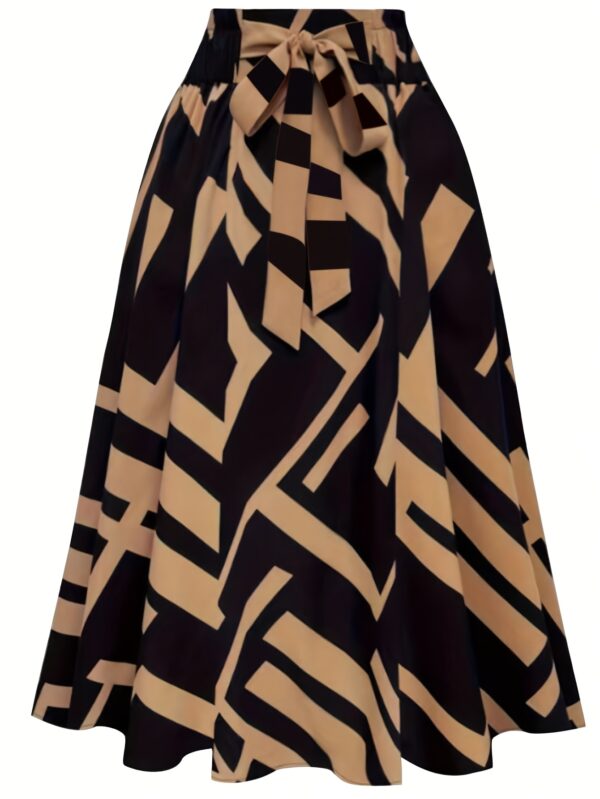 Women's A-Line Skirt with Adjustable Waist Bow - Black & Beige Geometric Print, Flared Hem, Machine Washable, All-Season Versatile for Casual, Office & Vacation Wear, Cute Skirts, Nontransparent Fabric
