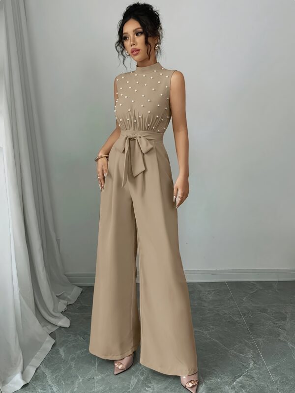 Women's Elegant Beaded Pearl Sleeveless Top & Wide-Leg Pants Jumpsuit - Stand Collar Beige All-Season Machine Washable Polyester for Concerts, Weddings, Daily Commute - Image 11