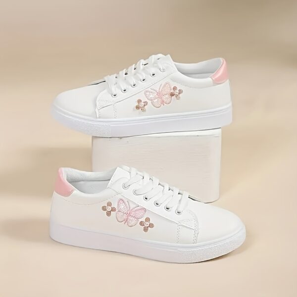Ladies Butterfly Casual Sports Shoes, White Low-Top Lace-Up, Colorful Butterfly Pattern, Round Toe, Synthetic Upper, Plastic Sole, Non-Woven Fabric Insole and Inner Material, with Hand Wash or Professional Dry Clean Operation Instruction, for All-Season, Casual Wear - Image 3