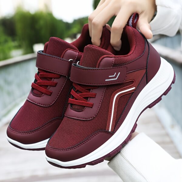 Women's Breathable Mesh Sneakers - Maroon Low-Top Casual Sneakers with Adjustable Hook-and-loop Fastener Strap & Laces, Comfortable Fabric Insole, All-Season Round Toe Design, Breathable Footwear | Stylish Mesh Sneakers | Adjustable Strap Sneakers - Image 7