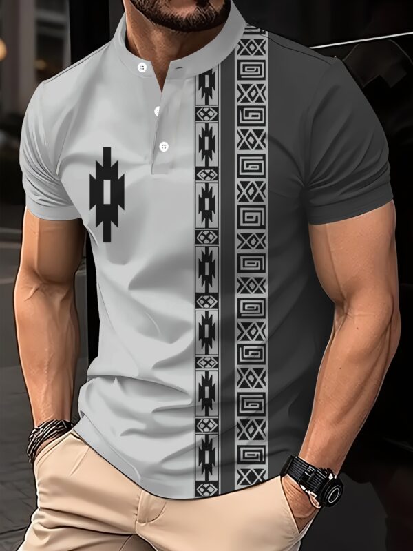 Men's Summer Casual Shirt - Ethnic Geometric Contrast Color Block Design, Asymmetrical Print, Stand-Up Collar & Button Detail, Breathable Short Sleeve for Business Casual & Casual Attire, Durable Fabric Tee, Machine Washable Top