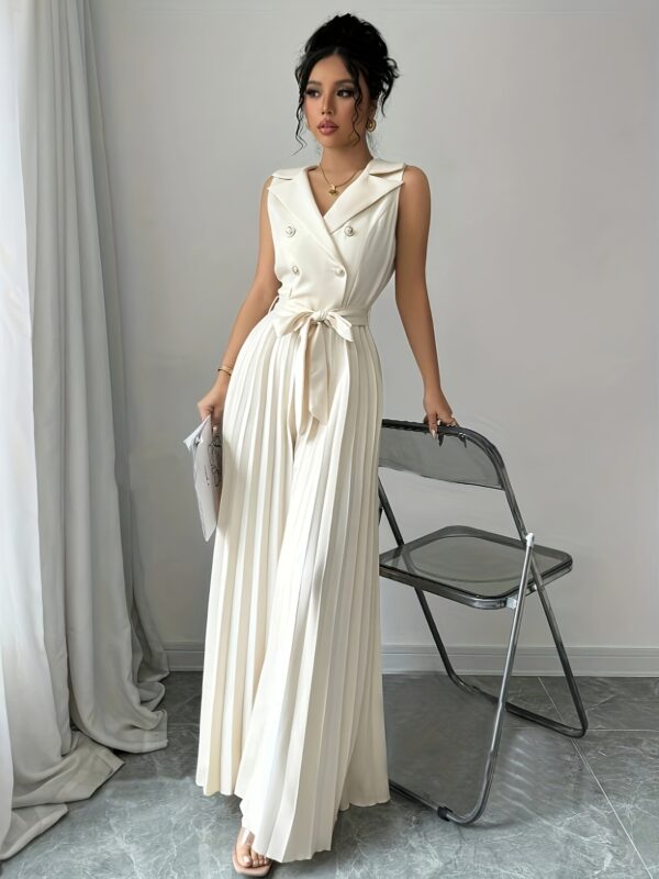 Women's Elegant Double-Breasted Pleated Jumpsuit - Sleeveless, Tie-Waist, V-Neck, Semi-Sheer Polyester - Beige, All-Season, Machine Washable, Versatile Clothing | Tiewaist Fashion | Sophisticated Look - Image 4
