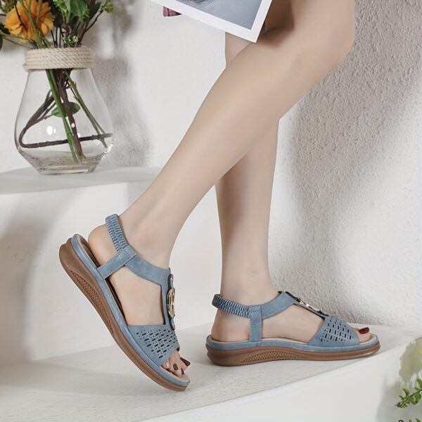 Women's Summer Wedge Heel Comfort Sandals - Metal Buckle, Perforated, Elastic Ankle Strap, Breathable, Daily Commute & Walking - Image 17