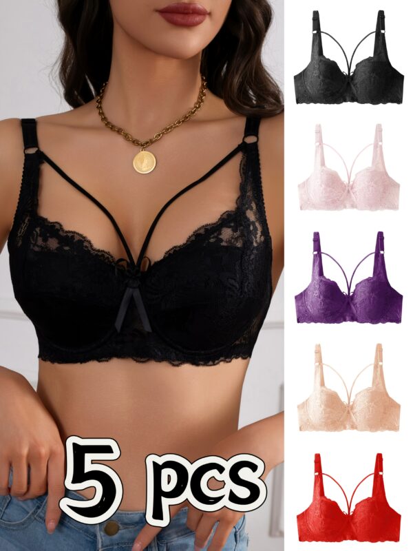 5pcs Women's Sexy Lace Gathered Bra Comfortable Breathable Underwear with Straps - Image 3