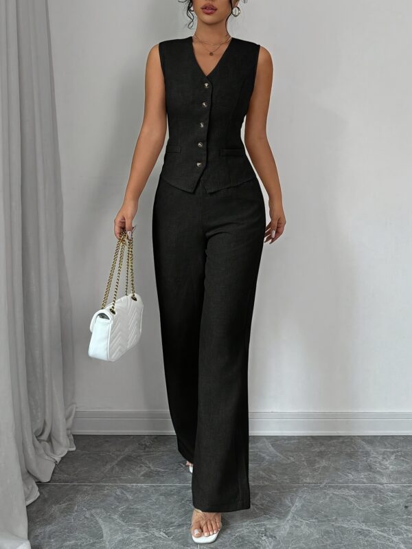 Women'S Elegant Sleeveless V-Neck Waist Tie Front Vest and Straight Leg Pants Set - Solid Color, High-Waisted Wide-Leg Pants with Button Details, Perfect for Spring/Summer Commute or Casual Outings, Versatile Fashion | Sleek Modern Look | Button Detailing - Image 3