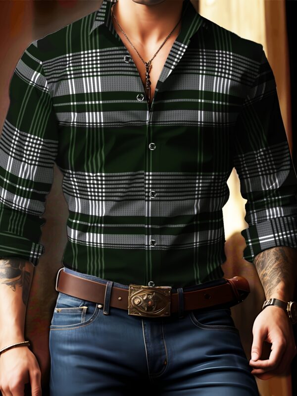 Men's Plaid Print Long Sleeve Shirt, Detailed Floral Design, Versatile Business Casual Outing Streetwear Shirt, Perfect Gift for Husband - Image 3
