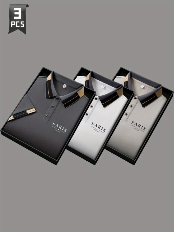 3pcs Men'S Summer Solid Color Knit Button Classic Stand Collar Polo Shirt, Paris Letter Print, Simple Paul Polo Shirt, Suitable for Outdoor Golf Sports and Casual Daily Wear, Soft Texture Fabric, Men'S Gift - Image 3