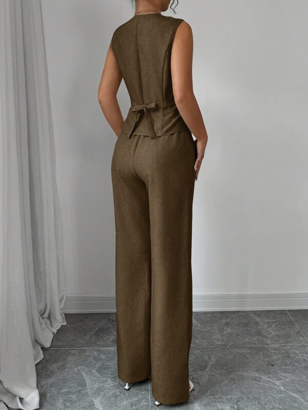 Women'S Elegant Sleeveless V-Neck Waist Tie Front Vest and Straight Leg Pants Set - Solid Color, High-Waisted Wide-Leg Pants with Button Details, Perfect for Spring/Summer Commute or Casual Outings, Versatile Fashion | Sleek Modern Look | Button Detailing - Image 17