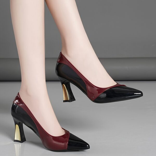 Women's Pointed-Toe Stiletto High Heel Pumps - Glossy Black & Burgundy Synthetic Cover Shoes with Comfortable Thick Heel, Versatile for Casual & Formal Events - Image 2