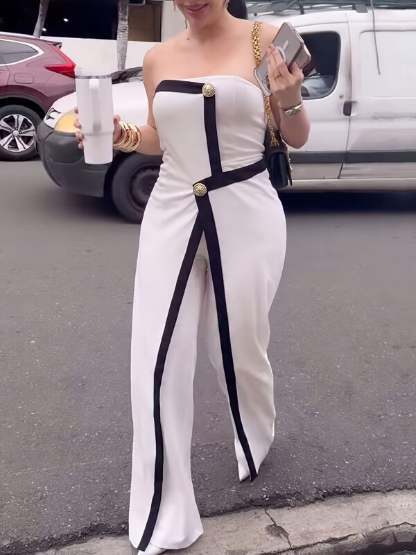 Women'S Chic Black and White Strapless Wide-Leg Jumpsuit - Polyester, White & Black Color Block Design, Perfect for Summer Shopping, Leisure, and Vacation Wear | Sleeveless Fashionable Jumpsuit | Construction | Comfortable Fit - Image 7