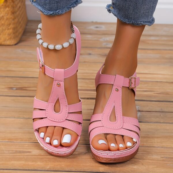Women's Solid Color Stylish Sandals, Summer T-Strap High Heels, Casual One-Strap Non-Slip Chunky Heels - Image 7