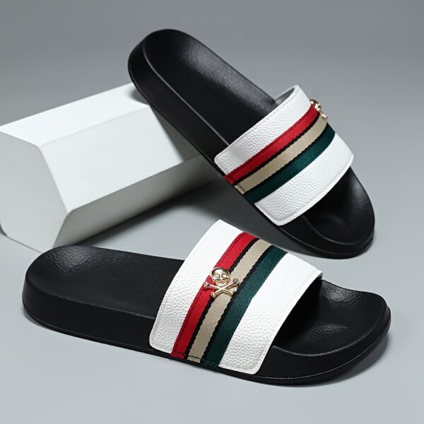 Men's Casual EVA Slide Slippers with Non-Slip Sole - Lightweight Indoor/Outdoor House Shoes for Bathroom, Home & Summer, Black Striped Design with Golden Emblem, All-Season Comfort, Indoor Slippers, Sleek Leatherlook, Leatherlike Texture, Durable Slipresistant - Image 5