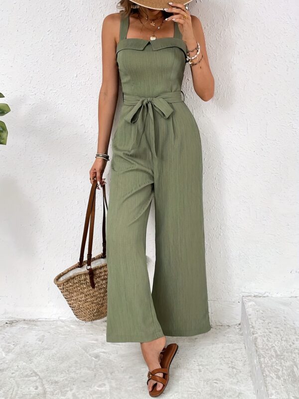 Women'S Solid Color Wide-Leg Jumpsuit - Sage Green, Strappy Back, Belted Waist, Sleeveless with Tie-Back Detail, Perfect for Summer Vacations, Casual to Formal Attire, Casual Attire|Tied Waist Jumpsuit|Strapless Jumpsuit - Image 7