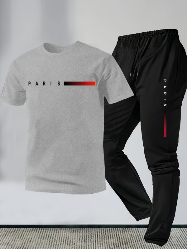Men's Letter Print Short Sleeve Long Pants Loungewear Set - Image 8