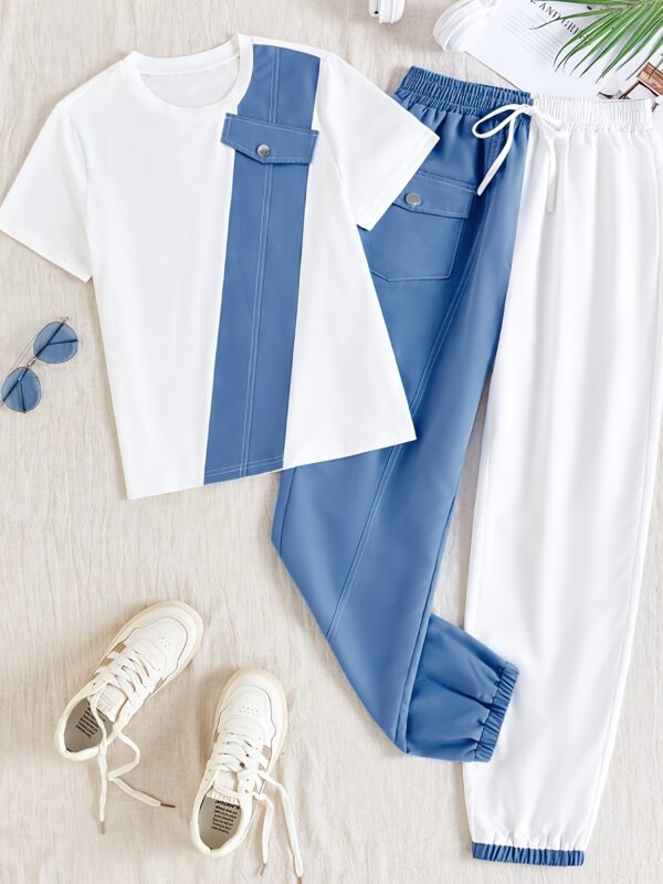 Ladies' Spring/Summer Casual Color blocked Short sleeved Pants Set -222- Round neck Short sleeved Top and Drawstring Pants Elegant and Loose, Women's Gift for Women, Suitable for Commuting, Going Out, Home, s - Image 8