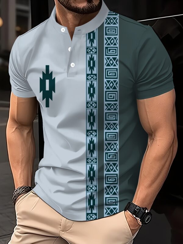 Men's Summer Casual Shirt - Ethnic Geometric Contrast Color Block Design, Asymmetrical Print, Stand-Up Collar & Button Detail, Breathable Short Sleeve for Business Casual & Casual Attire, Durable Fabric Tee, Machine Washable Top - Image 3
