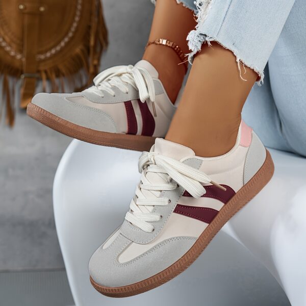Women's Casual Sneakers - Low-Top Lace-Up Geometric Color-Block Design (White/Navy/Red) | Synthetic Cover & Fabric Upper, Breathable EVA Cushion & Durable PVC Sole | Spring Fashion Versatile Shoes for Daily Commute, Students & Casual Outfits, Ladies Sneakers - Image 6