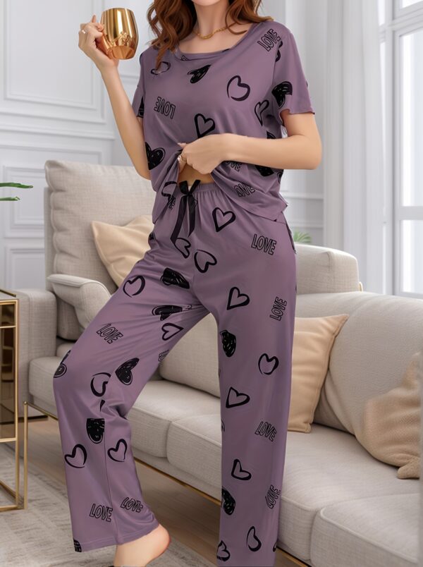Women'S Short Sleeve Pajama Set with Love and Bow Pattern, Casual Home Wear - Image 13